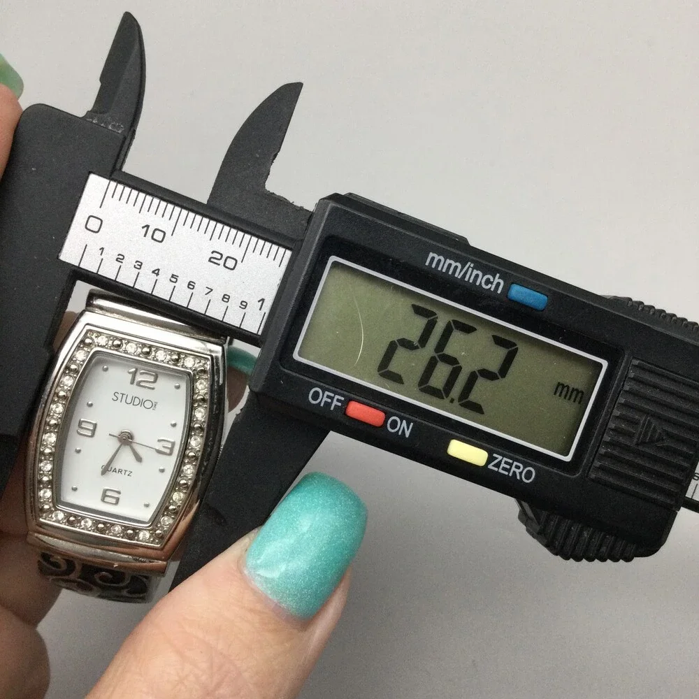 Studio Time Watch Womens 26mm Silver Tone Black Crystals Hinged Cuff New Battery